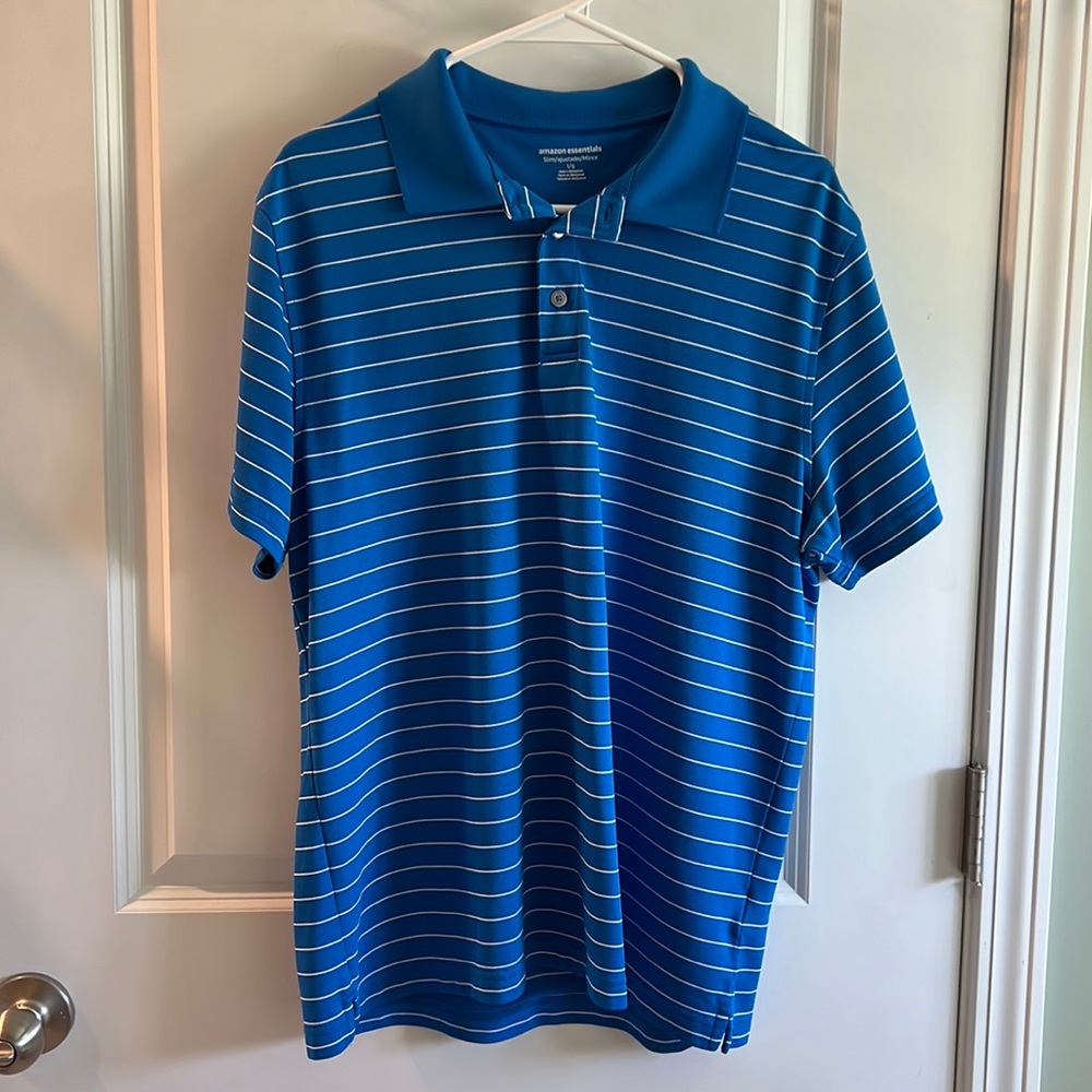 Blue and white striped polo